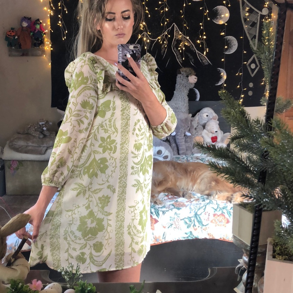 ✨dreamy romantic cottage ruffle green+cream dress✨